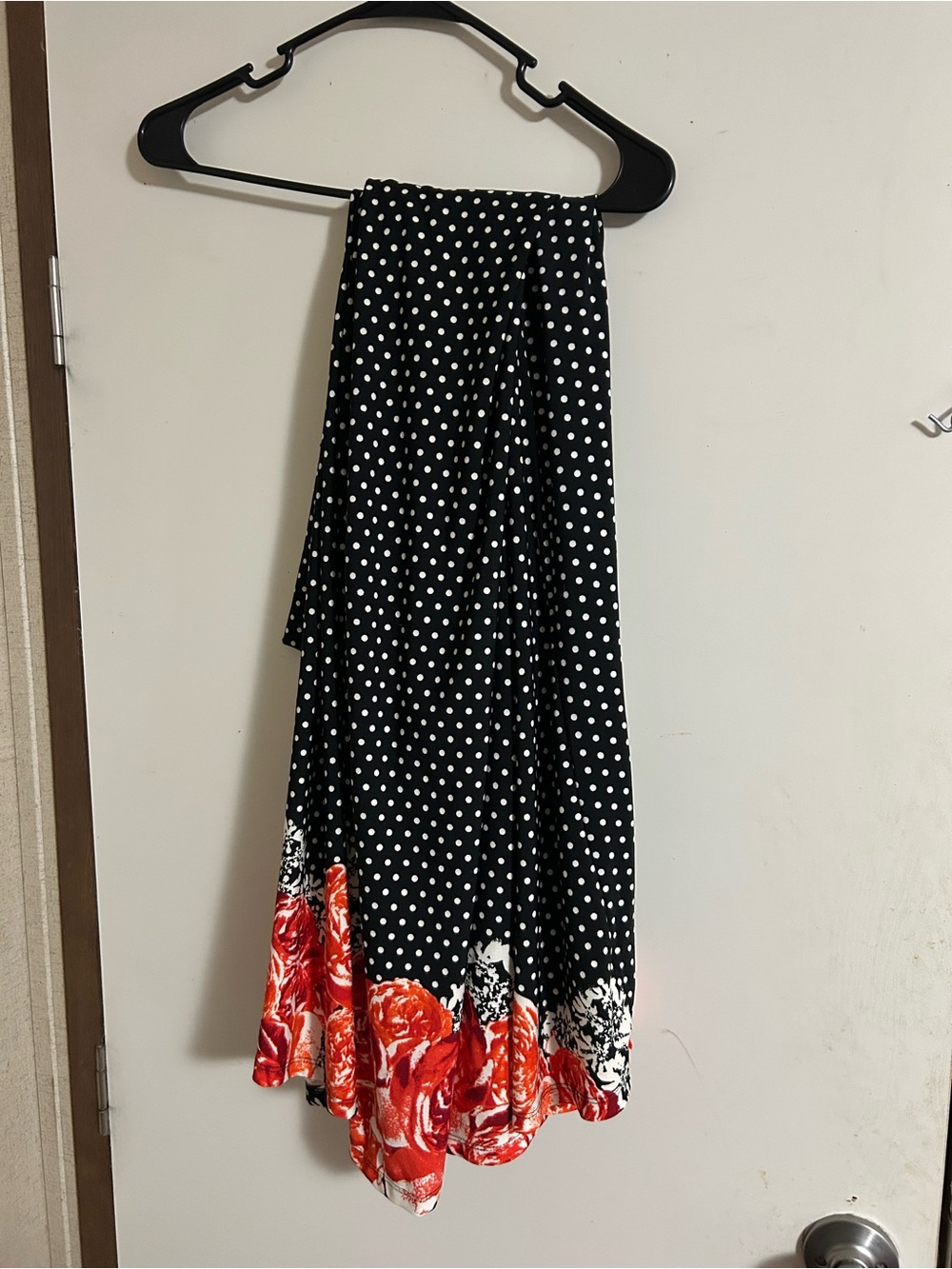 LuLaRoe Black Polka Dot Maxi Skirt with Red Floral Hem